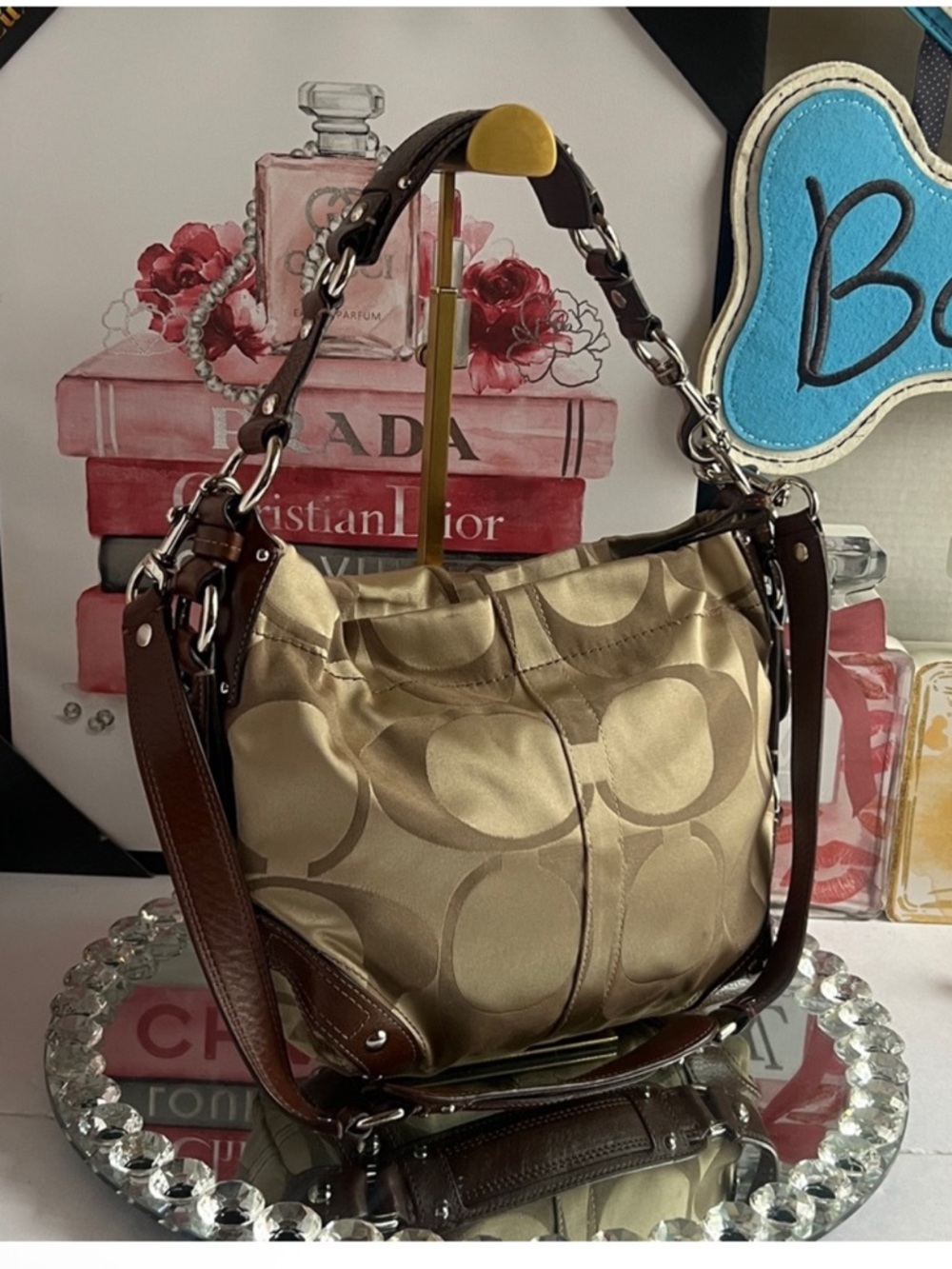 Coach Carly Khaki Satin Signature Hobo with Brown Leather Trim